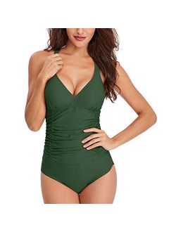 Women's One Piece Swimsuits Ruched Tommy Control Swimwear V Neck Sexy Back Crossover Swimming Bathing Suits