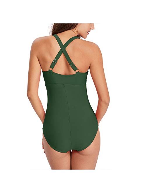 CLUCI Women's One Piece Swimsuits Ruched Tommy Control Swimwear V Neck Sexy Back Crossover Swimming Bathing Suits