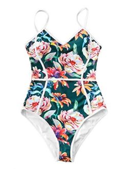 Women's Full Blossom V-Neck Piping Design One-Piece Swimsuit