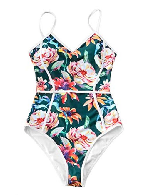 CUPSHE Women's Full Blossom V-Neck Piping Design One-Piece Swimsuit