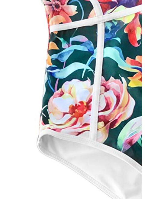 CUPSHE Women's Full Blossom V-Neck Piping Design One-Piece Swimsuit