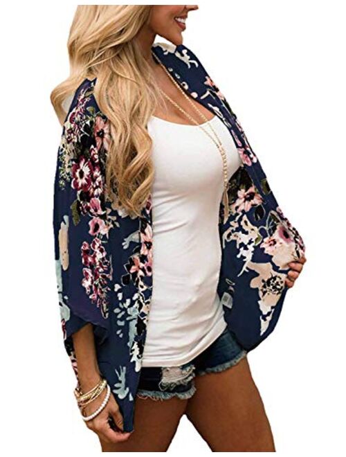 ChainJoy Women's Floral Print Kimono Cardigan Sheer Chiffon Beach Cover Up Casual Loose Blouse Top