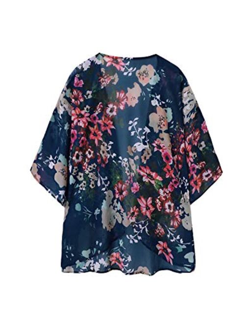 ChainJoy Women's Floral Print Kimono Cardigan Sheer Chiffon Beach Cover Up Casual Loose Blouse Top