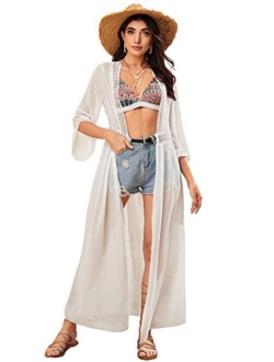 Women's Striped Beach Wear Cover up Longline Kimono Cardigan