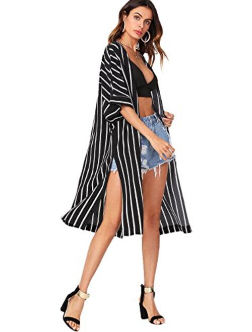 SweatyRocks Women's Striped Beach Wear Cover up Longline Kimono Cardigan