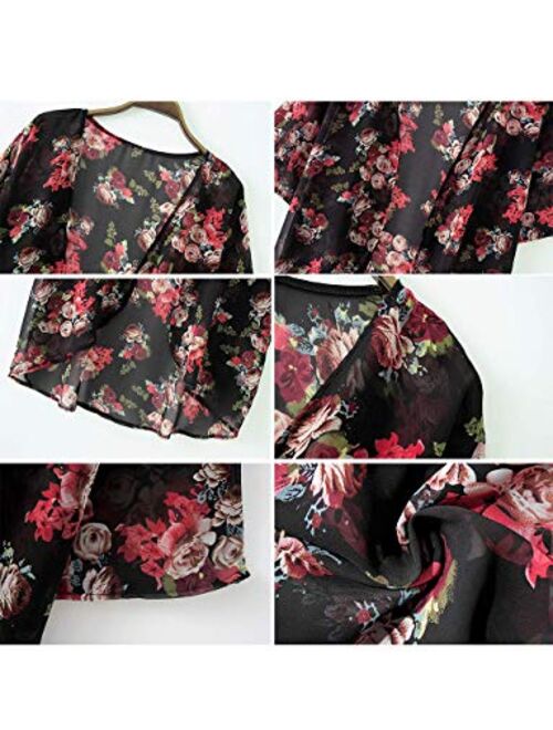 LOOKBOHO Womens Beach Kimono Cardigan Chiffon Floral Print Short Cover up