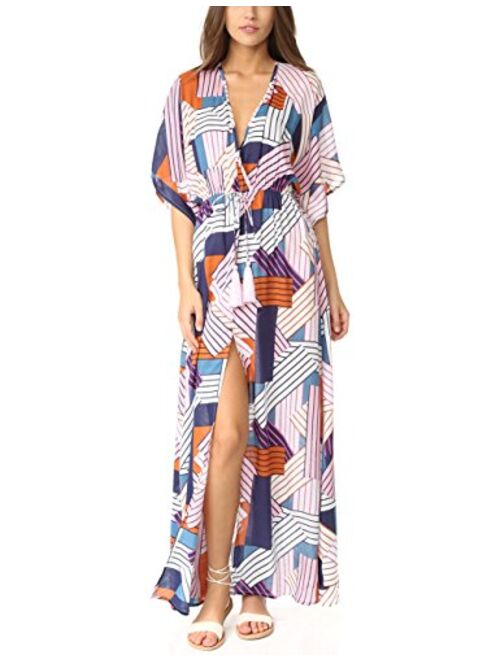 Bsubseach Short Sleeve Geometric Kaftan Dresses Women Loose Beach Robe Swimwear Cover Ups