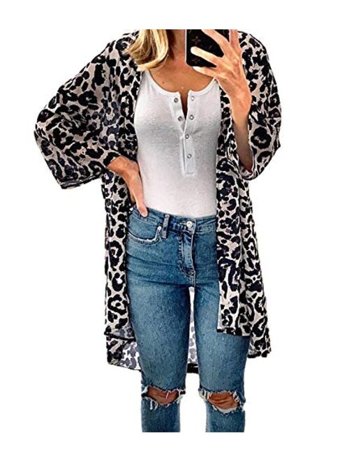 Women's Sheer Chiffon Floral Print Kimono Casual Loose Open Front Cardigan Blouse Tops Cover Up