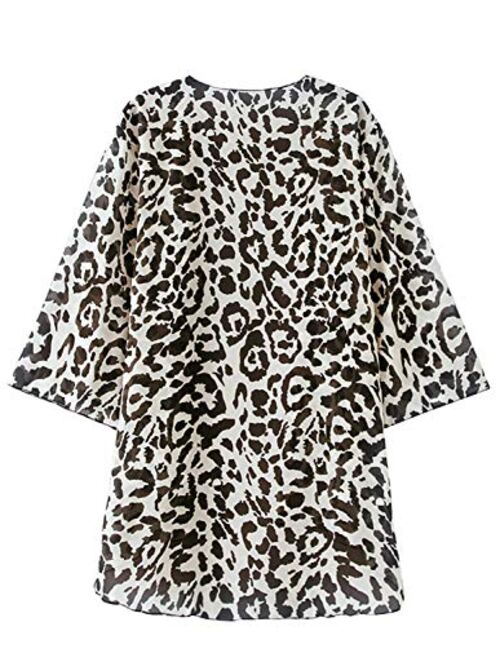 Women's Sheer Chiffon Floral Print Kimono Casual Loose Open Front Cardigan Blouse Tops Cover Up