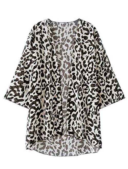 Women's Sheer Chiffon Floral Print Kimono Casual Loose Open Front Cardigan Blouse Tops Cover Up