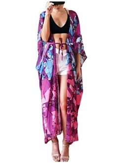 Eddoyee Women's Flowy Open Front Swimsuit Cover Ups Print Beach Kimono