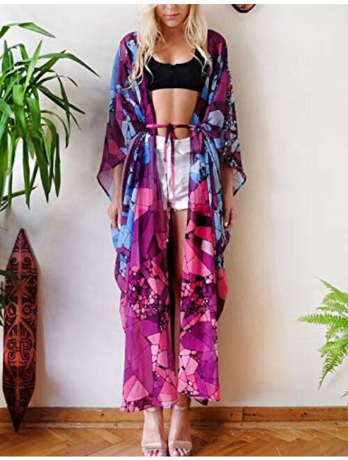 Eddoyee Women's Flowy Open Front Swimsuit Cover Ups Print Beach Kimono