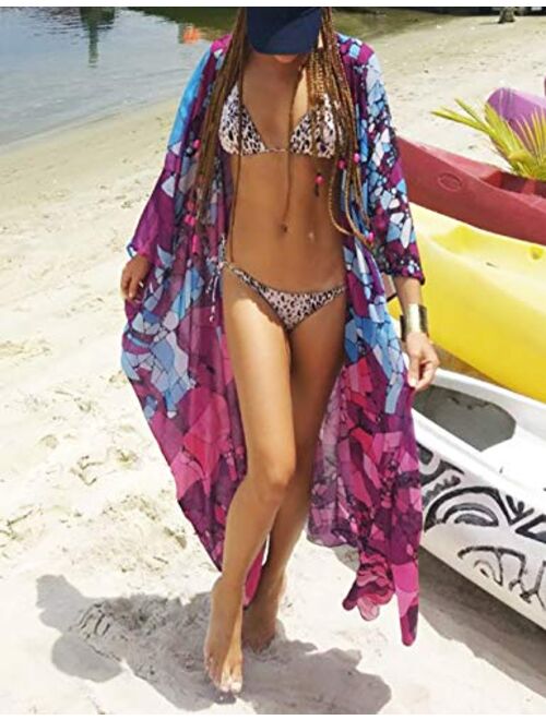 Eddoyee Women's Flowy Open Front Swimsuit Cover Ups Print Beach Kimono