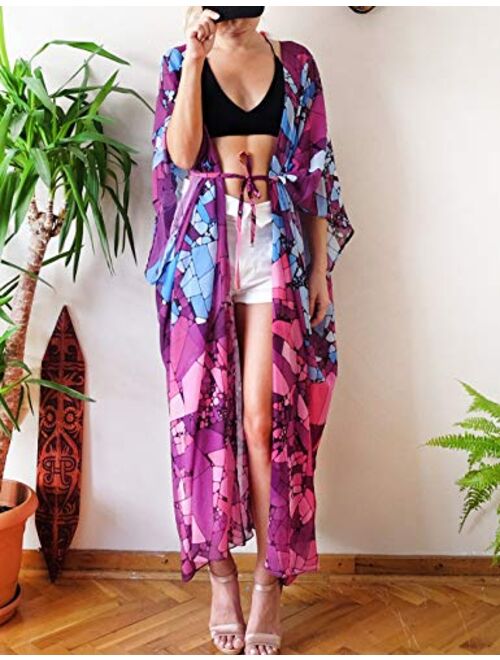Eddoyee Women's Flowy Open Front Swimsuit Cover Ups Print Beach Kimono