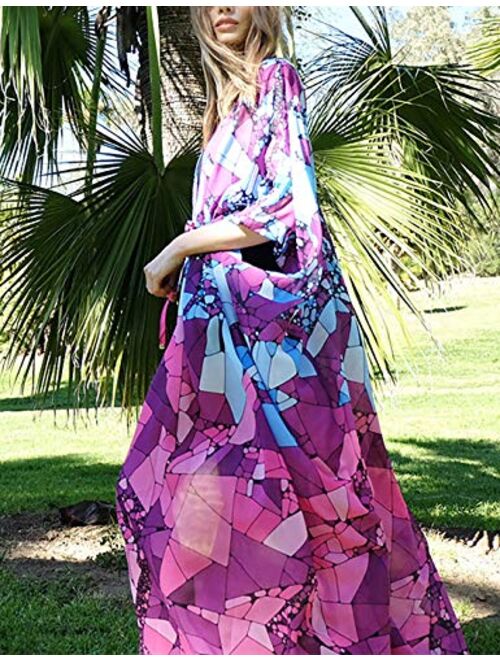 Eddoyee Women's Flowy Open Front Swimsuit Cover Ups Print Beach Kimono