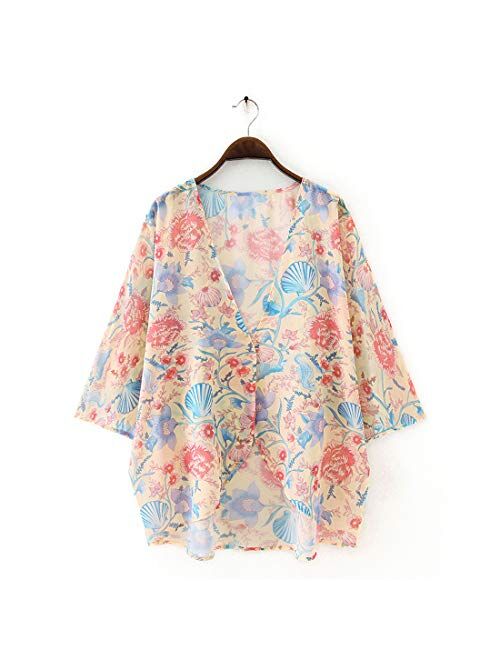 Omoone Women's Batwing Sleeve Floral Chiffon Cardigan Kimono Beachwear Cover Up