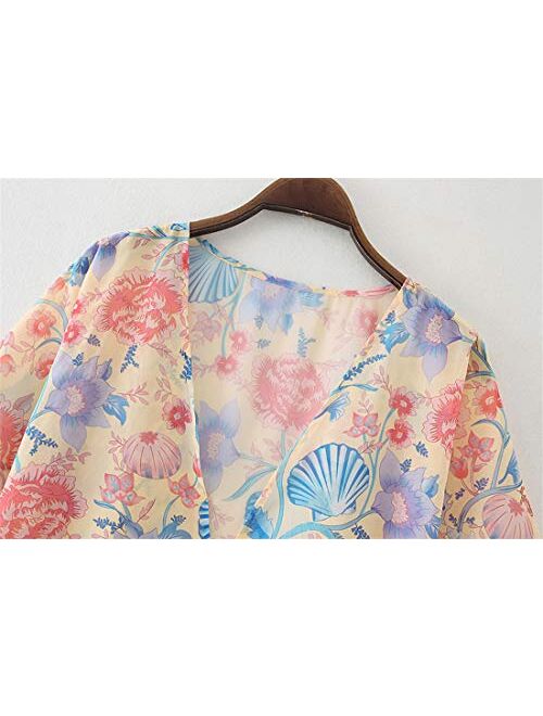Omoone Women's Batwing Sleeve Floral Chiffon Cardigan Kimono Beachwear Cover Up