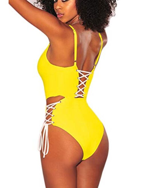 QINSEN Women's Sexy V Neck Lace Up Cutout High Waisted One Piece Monokini Swimsuit