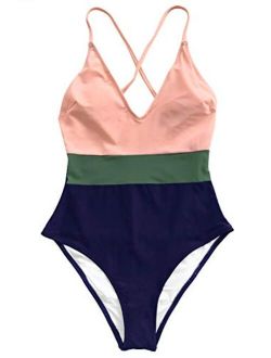 Women's Cross Block with Lining One-Piece Swimsuit