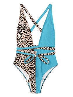 Women's Sexy Bathing Suits Criss Cross Tie Knot Front Deep V Open Back Leopard One Piece Swimwear