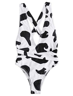 Women's Sexy Bathing Suits Criss Cross Tie Knot Front Deep V Open Back Leopard One Piece Swimwear
