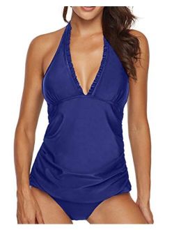 AnnJo Two Piece Swimsuit Sexy V-Neck Ruffle Halter Backless Flyaway Tankini Suit