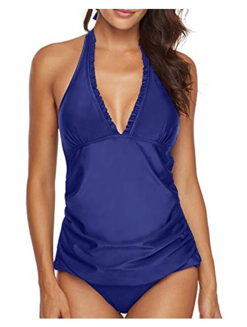 AnnJo Two Piece Swimsuit Sexy V-Neck Ruffle Halter Backless Flyaway Tankini Suit