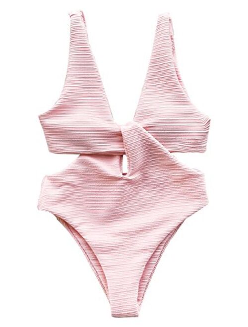 CUPSHE Women's Solid Pink High Waisted One-Piece Swimsuit Shine for U Swimwear