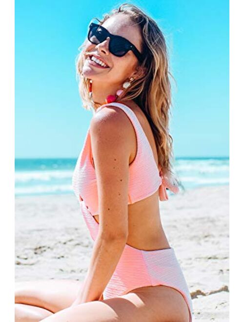 CUPSHE Women's Solid Pink High Waisted One-Piece Swimsuit Shine for U Swimwear