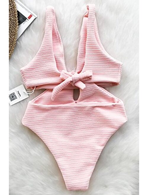 CUPSHE Women's Solid Pink High Waisted One-Piece Swimsuit Shine for U Swimwear