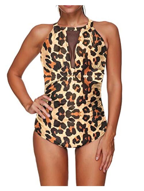 I2CRAZY Womens One Piece Swimsuits Mesh V Neck Monokini Bathing Suits Tummy Control Swimwear