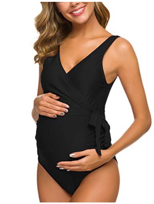 Tempotrek Maternity Swimsuit One Piece ElegantV Neck Pregnancy Swimwear Tie Front High Cut Bathing Suit Monokini