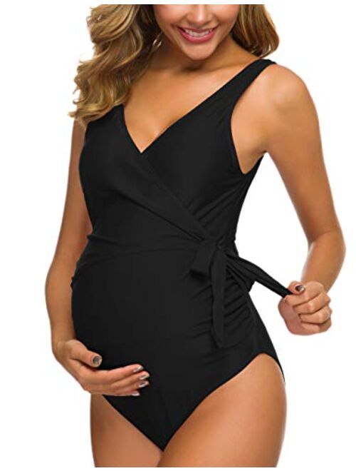 Tempotrek Maternity Swimsuit One Piece ElegantV Neck Pregnancy Swimwear Tie Front High Cut Bathing Suit Monokini