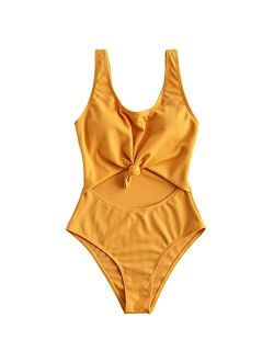 Women's Tie Knot Front Ribbed High Waisted Cut Out One Piece Swimsuit