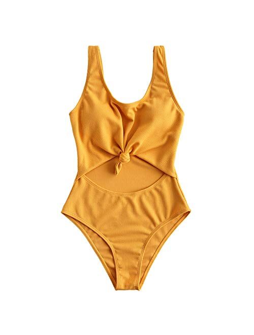 ZAFUL Women's Tie Knot Front Ribbed High Waisted Cut Out One Piece Swimsuit