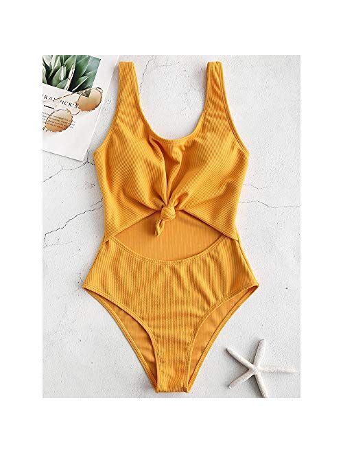 ZAFUL Women's Tie Knot Front Ribbed High Waisted Cut Out One Piece Swimsuit