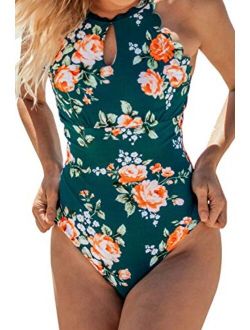 Women's Teal Floral Scalloped One Piece Swimsuit Padded Bikini