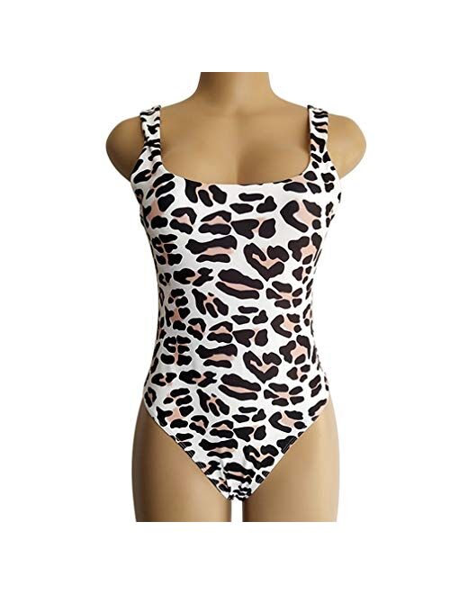 MOLFROA Womens Low Cut Square Neck Snake Leopard Printed Monokini Swimwear One Piece Swimsuits