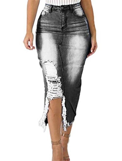 Voghtic Casual Blue Distressed Ripped Denim Jean Midi Bodycon Skirt Plus Size Pocketed