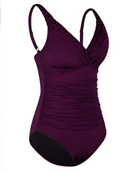 Hilor Women's One Piece Swimsuits Pin Tucked Surplice Swimwear Tummy Control Bathing Suits Monokinis