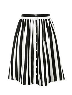 Women's Striped Button Front Elastic Back Waist A-Line Midi Skirt