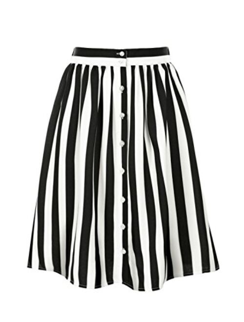 Allegra K Women's Striped Button Front Elastic Back Waist A-Line Midi Skirt