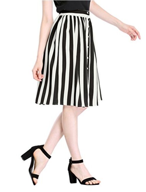 Allegra K Women's Striped Button Front Elastic Back Waist A-Line Midi Skirt