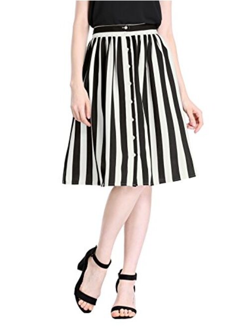Allegra K Women's Striped Button Front Elastic Back Waist A-Line Midi Skirt