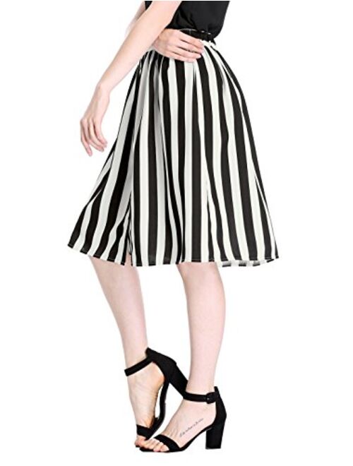 Allegra K Women's Striped Button Front Elastic Back Waist A-Line Midi Skirt