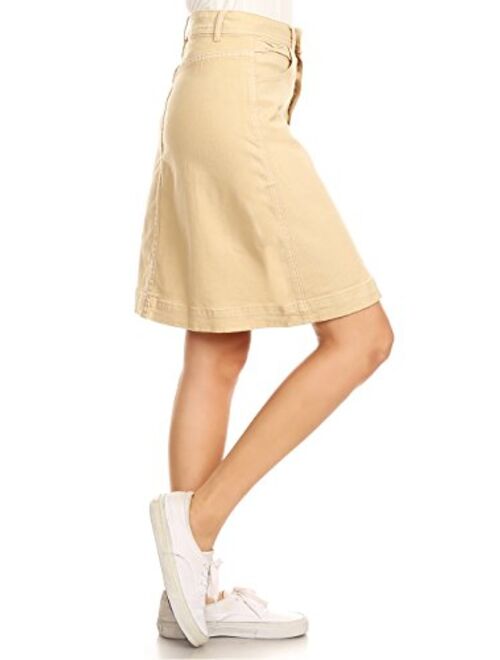 Anna Kaci Anna-Kaci Womens Vintage Stretch Denim Jean Button Flare Skirt with Side Pocket