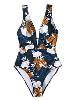 Women's Autumn Floral Plunging Neckline Lined One Piece Swimsuit