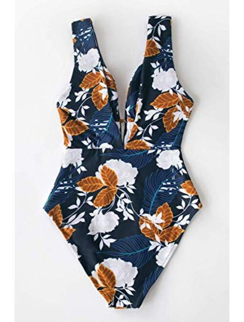 CUPSHE Women's Autumn Floral Plunging Neckline Lined One Piece Swimsuit