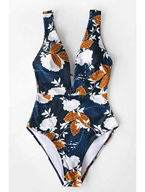 CUPSHE Women's Autumn Floral Plunging Neckline Lined One Piece Swimsuit