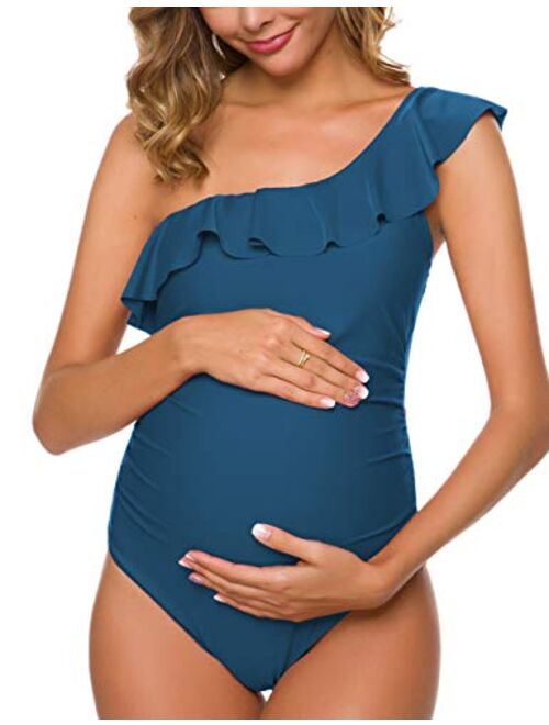 Tempotrek One Piece Maternity Swimsuits One Shoulder Ruffle Flounce Swimwear Asymmetric Pregnancy Bathing Suits 